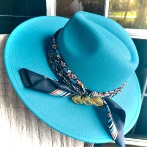 Turquoise Wide Brim Fedora Hat with vintage crafted hatband
